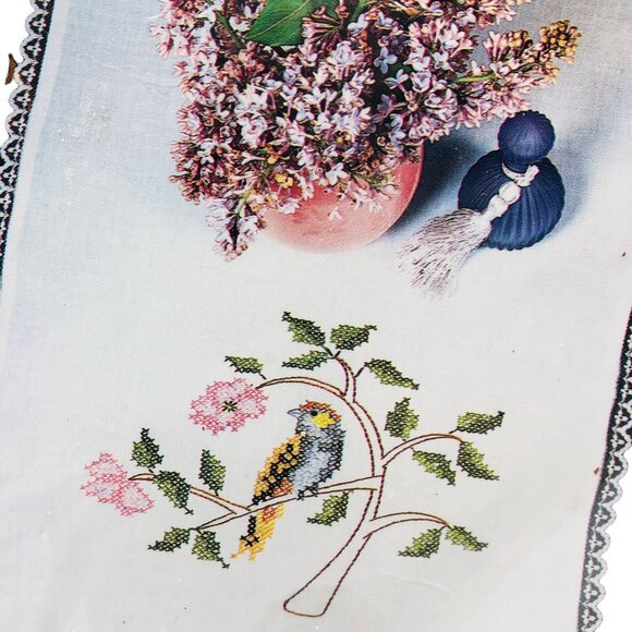 New Bucilla Stamped Cross Stitch Sparrow in Tree Special Edition Dresser Scarf - Picture 2 of 6